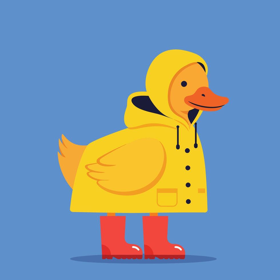 Cute duckling wearing yellow raincoat and red boots in blue background illustration vector
