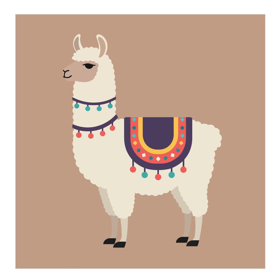 Llama with Colorful Traditional Blanket and Decorative Tassels Illustration in Square Layout vector