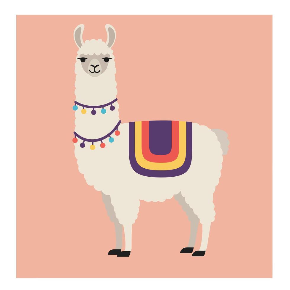 Llama with colorful blanket and decorative lights illustration in soft peach background vector