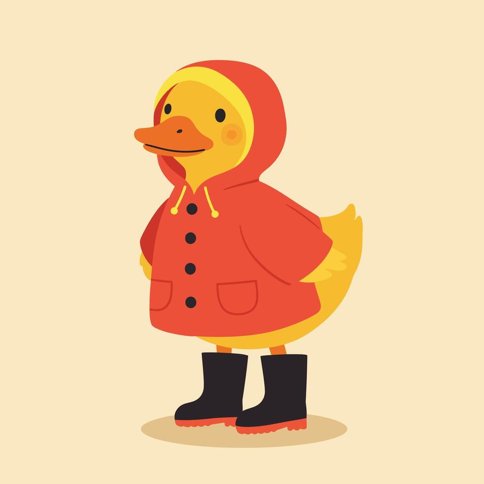 Cute duckling wearing red raincoat and black boots illustration in flat design style for children and nature themes vector