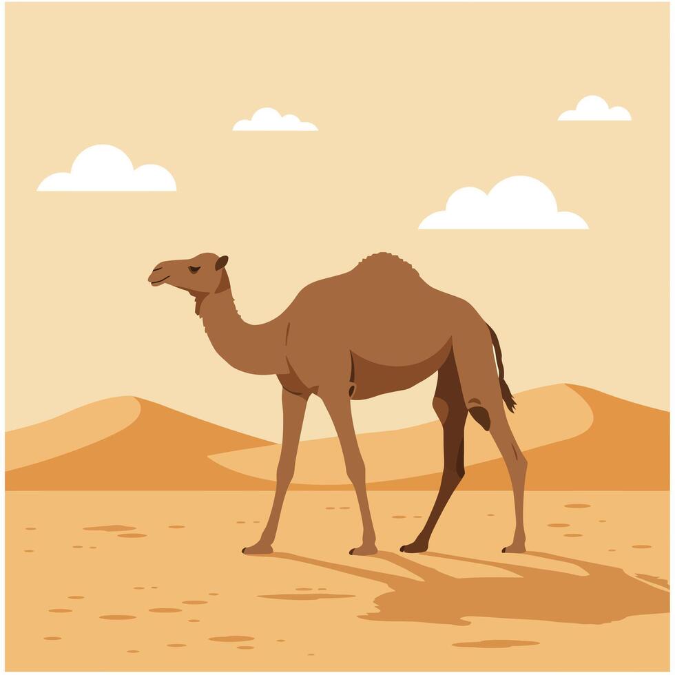 Camel walking in desert landscape with sandy hills and scattered clouds illustration vector
