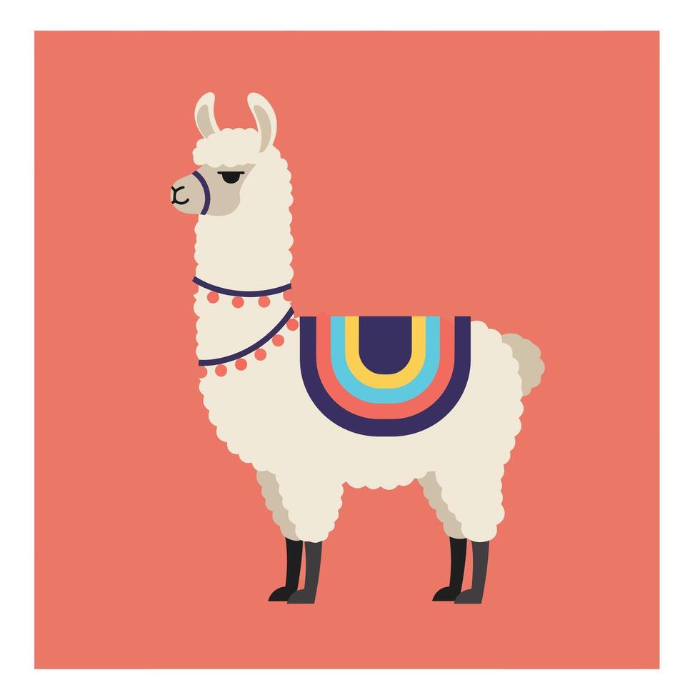 Llama with colorful blanket standing on coral background illustration in flat style vector