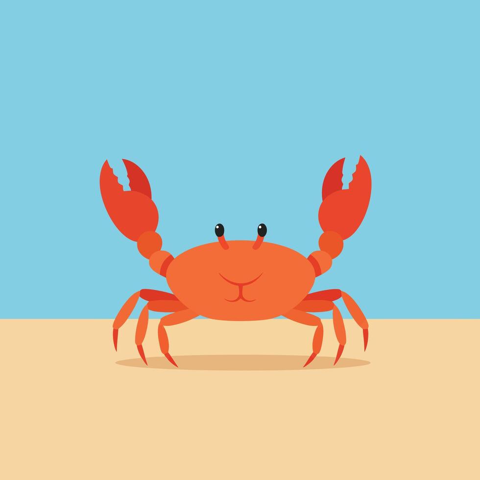Red crab on sandy beach under clear blue sky in simple style illustration vector