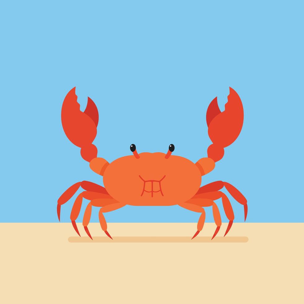 Crab animal illustration with raised claws on sandy beach and clear blue sky background in flat design style vector