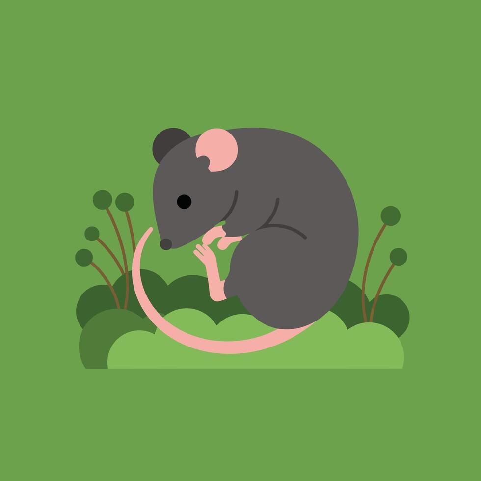 Small gray mouse resting curled up on green grass with plants in simple flat style illustration vector