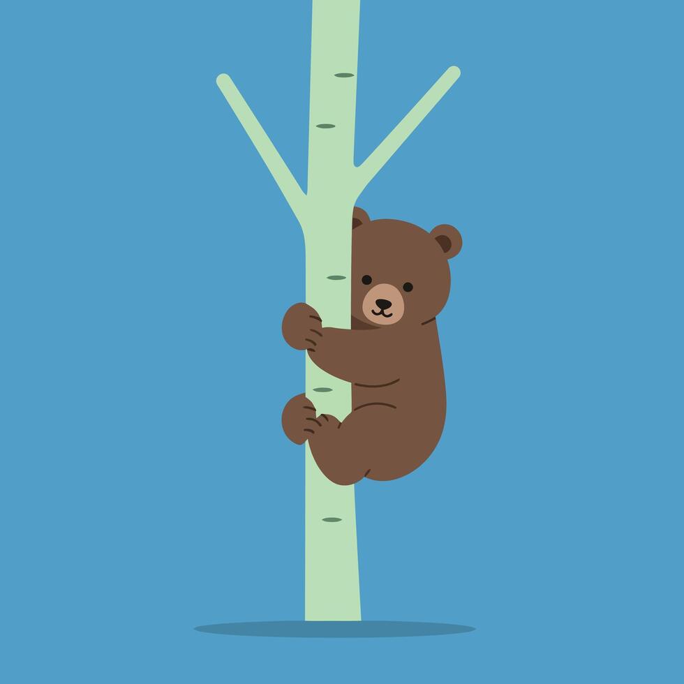 Brown bear climbing light green tree trunk with branches on blue background in simple art style vector