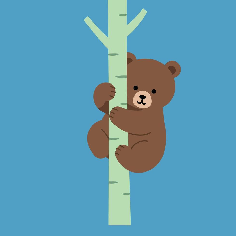Brown bear cub hugging light green tree trunk on blue background in simple flat style illustration vector