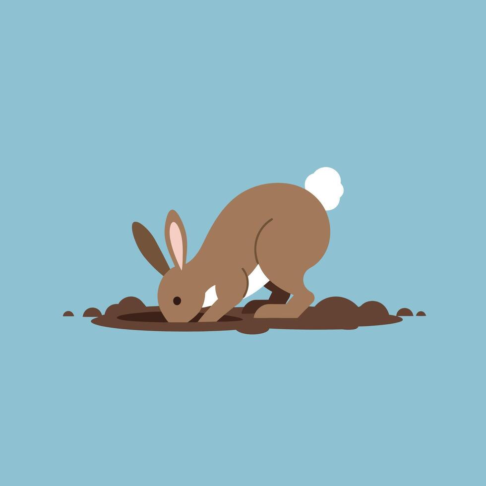 Brown rabbit digging in soil with white tail on blue background simple nature illustration vector