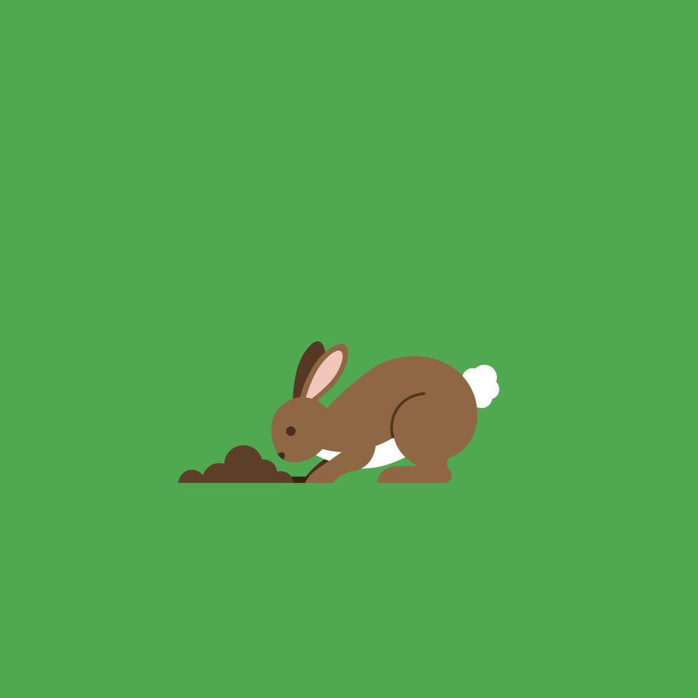 Brown rabbit digging hole on green background in simple style with natural habitat colors and minimalistic design vector