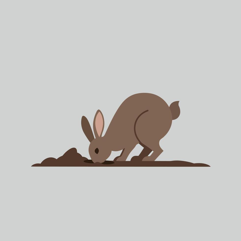 Brown rabbit digging hole in soil simple illustration on grey background with flat design style vector