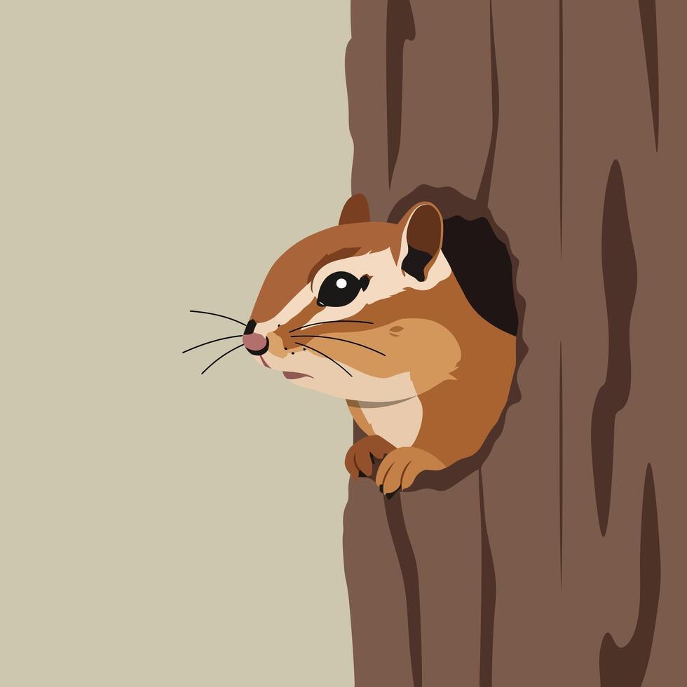Chipmunk peeking from hollow tree trunk with natural brown and beige tones in square format for wildlife observation and nature study vector