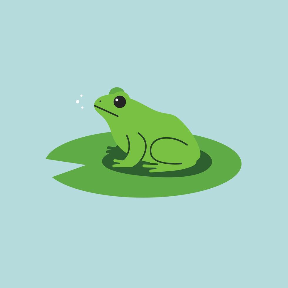 Green frog sitting on lily pad with blue background simple nature illustration design vector