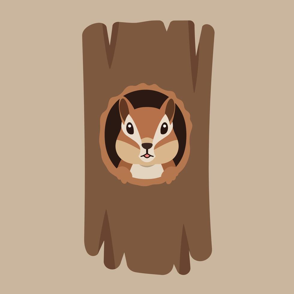 Chipmunk peeking out of tree hole in natural woodland setting with brown and beige tones illustration vector