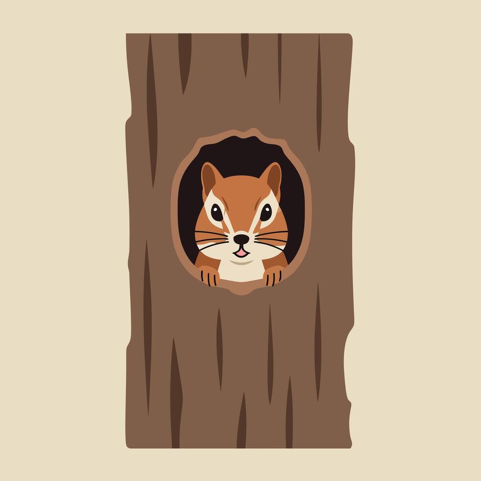 Chipmunk peeking from hole in tree trunk simple animal wildlife illustration natural scene vector