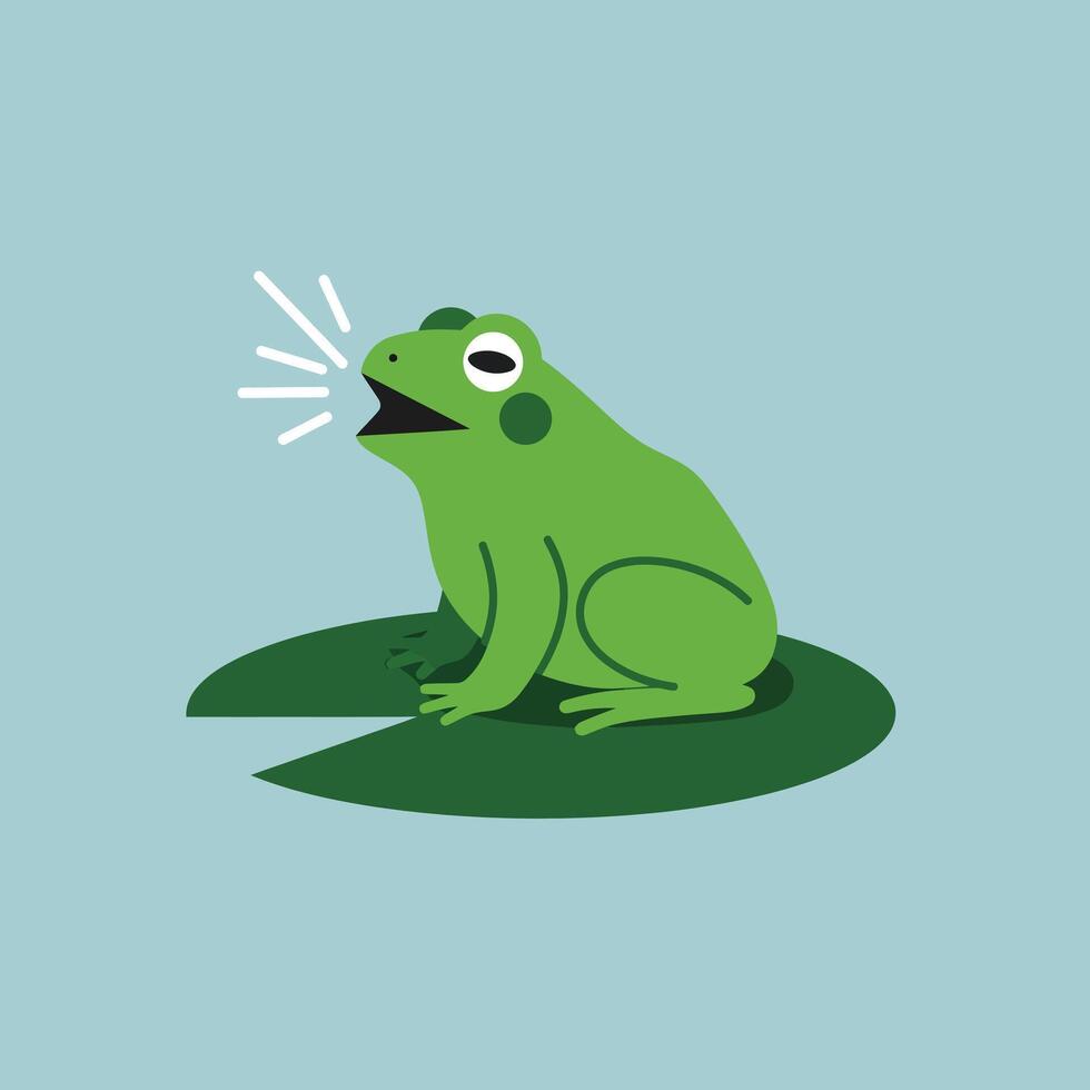 Green frog sitting on lily pad croaking simple flat style illustration with light blue background vector