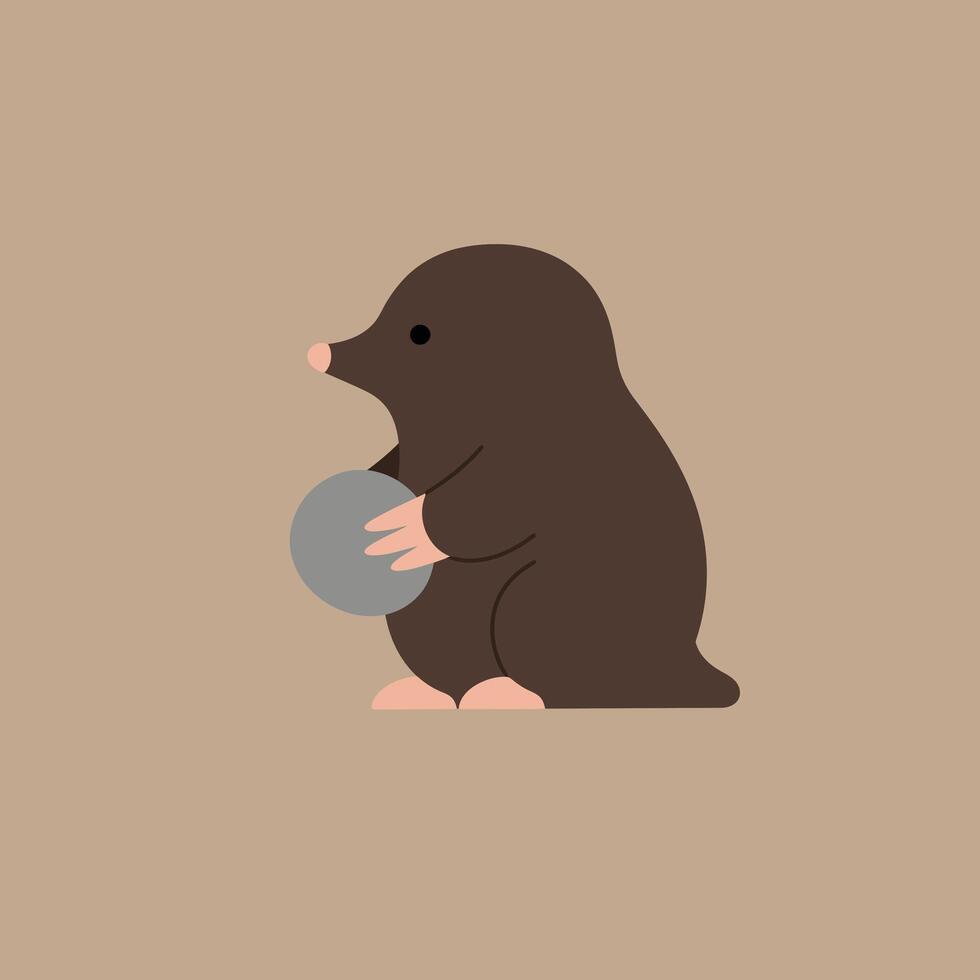 Mole holding round gray stone on neutral beige background simple flat design animal illustration square format vector