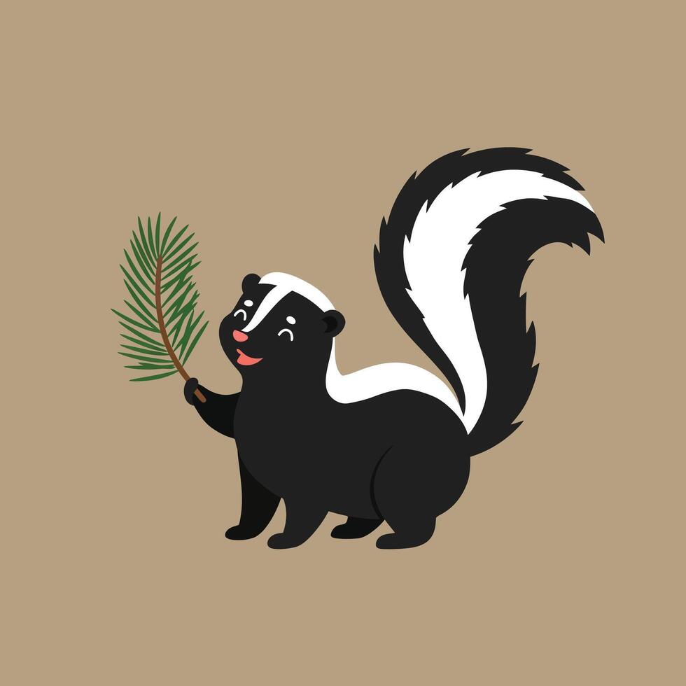 Cute black and white skunk holding green pine branch on beige background cartoon illustration vector