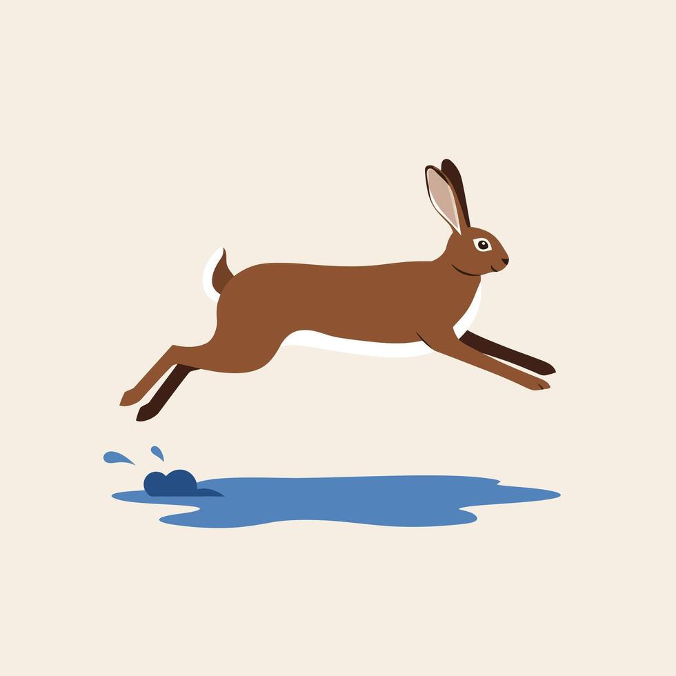 Brown rabbit leaping over blue water splash in simple minimal style artwork illustration vector