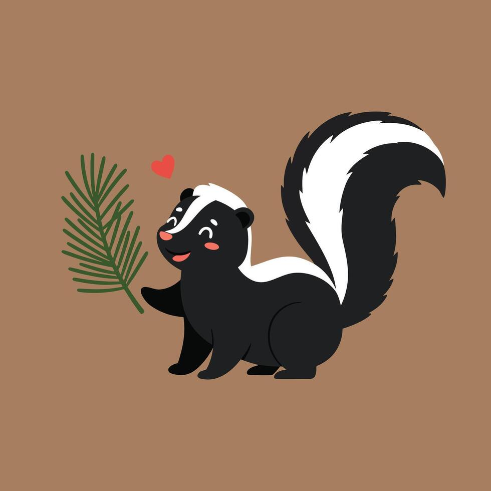 Cute cartoon skunk holding green pine branch with small red heart on brown background illustration vector
