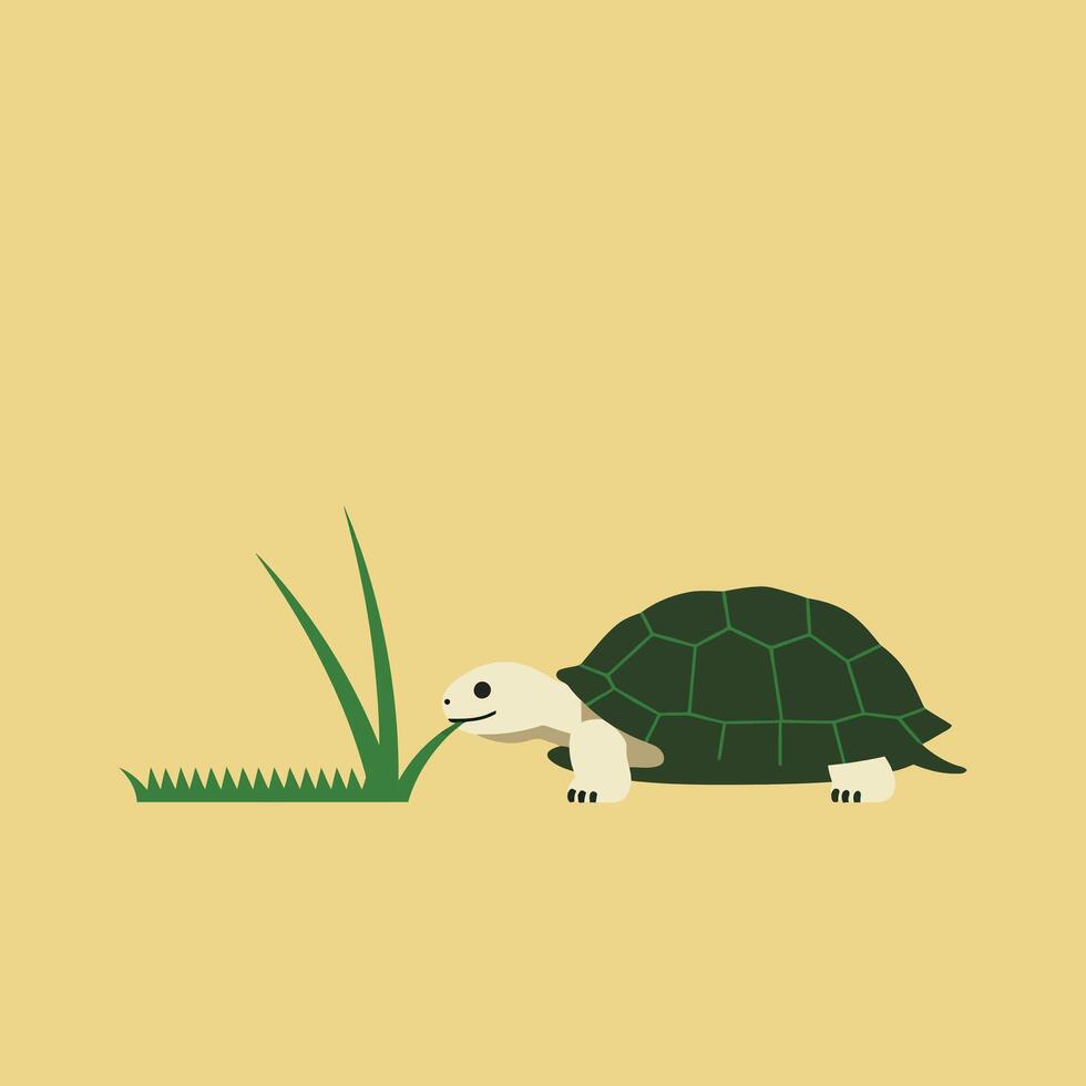 Turtle crawling on beige background near green grass in simple flat style digital illustration vector