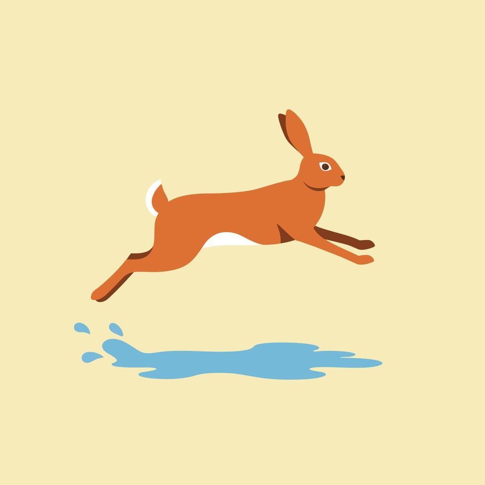 Brown hare jumping over a blue water puddle in minimalist flat design style on beige background vector