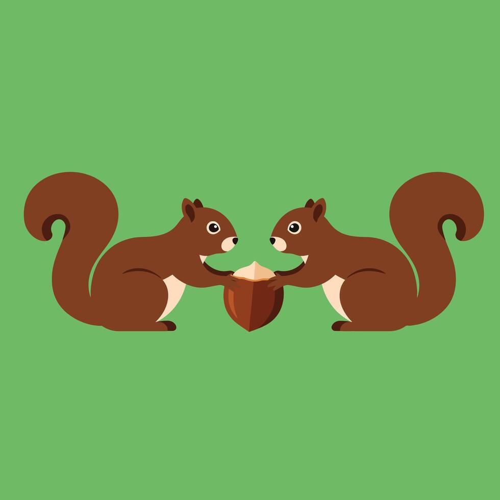 Two brown squirrels facing each other sharing an acorn on green background digital illustration vector