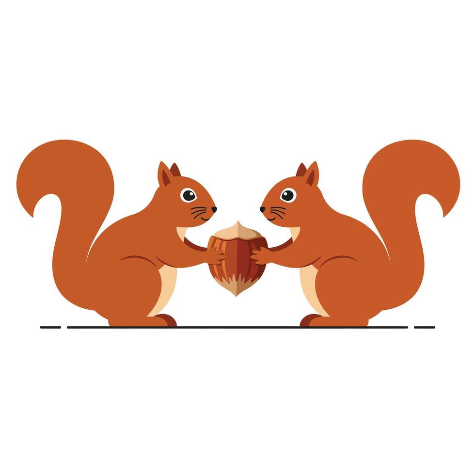 Two red squirrels holding a large nut facing each other in simple cartoon style on white background vector
