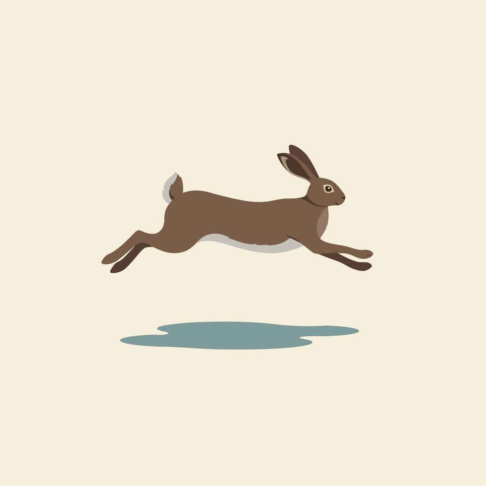 Brown rabbit in mid-air jump with visible shadow on beige background minimalistic style vector