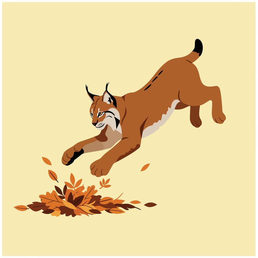 Eurasian lynx pouncing on pile of autumn leaves in natural habitat illustration vector