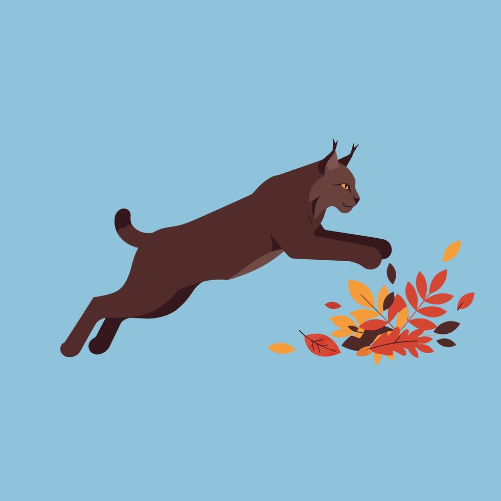 Brown lynx jumping over colorful autumn leaves with blue sky background in minimalist style vector