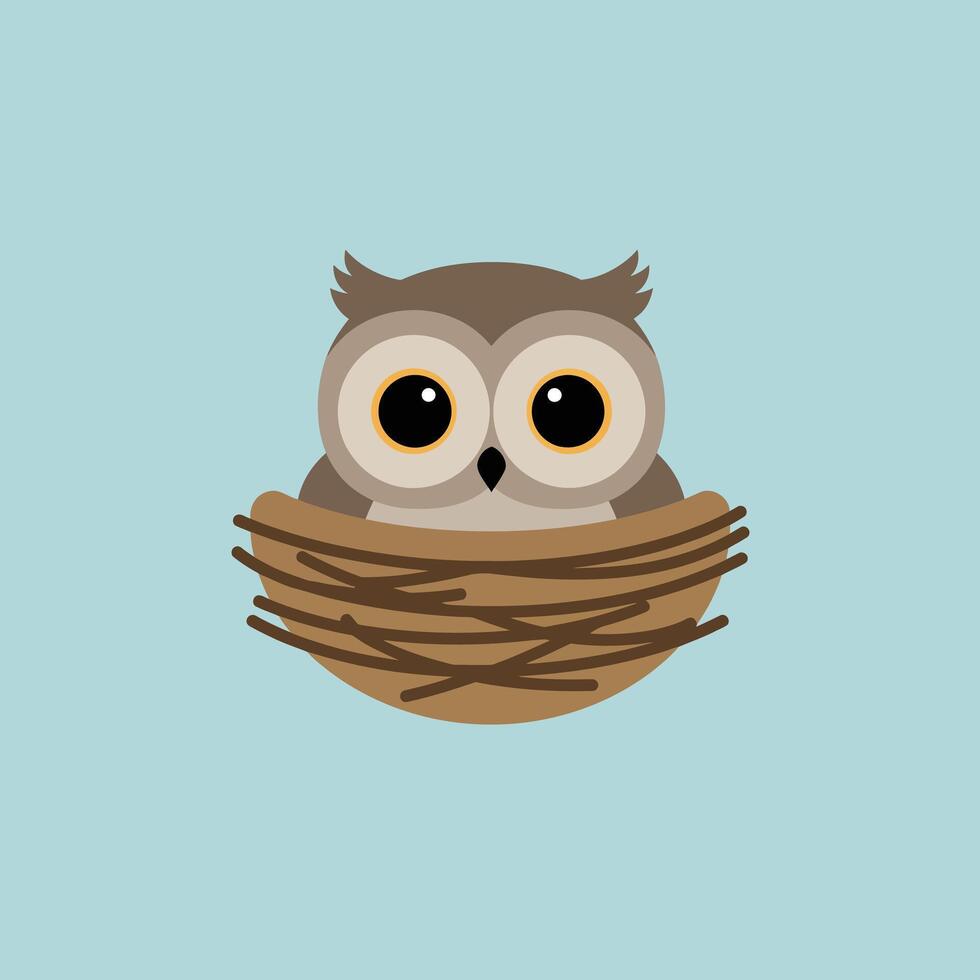 Cute cartoon owl sitting in brown nest on light blue background simple illustration square format vector
