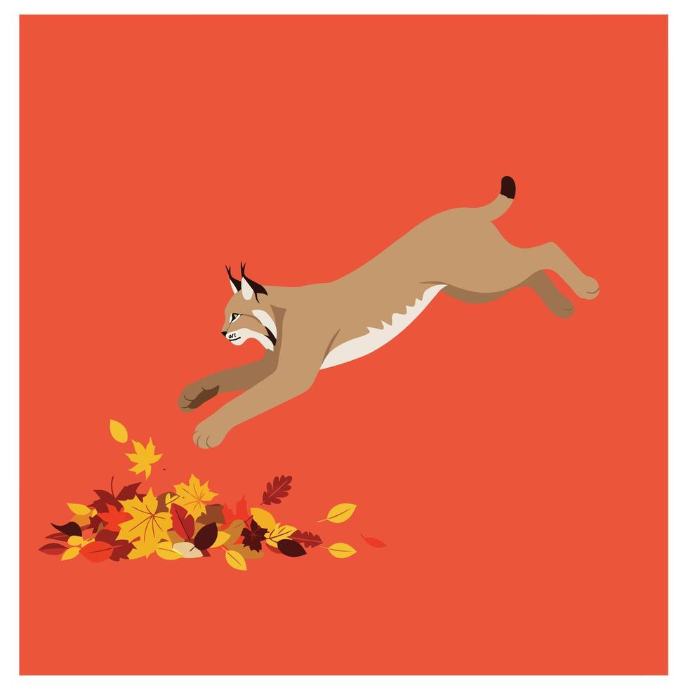 Mountain lion pouncing on yellow autumn leaves on orange background with minimalistic style and square orientation vector