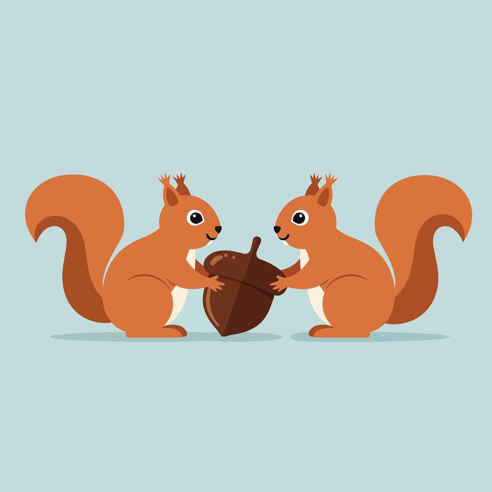 Two playful squirrels sharing a large acorn on light blue background in cute cartoon style vector