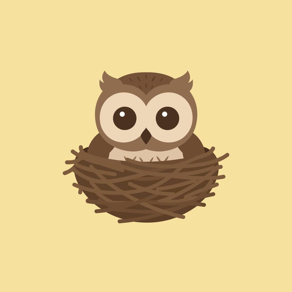 Cute small brown owl sitting in nest with yellow background illustration for children and nature themes vector