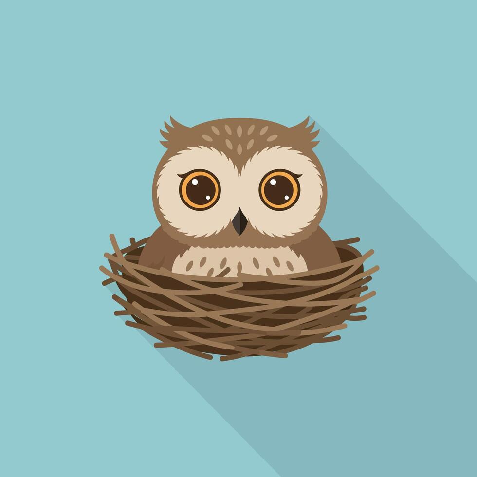 Cute owl sitting in nest with long shadow on blue background flat design illustration vector