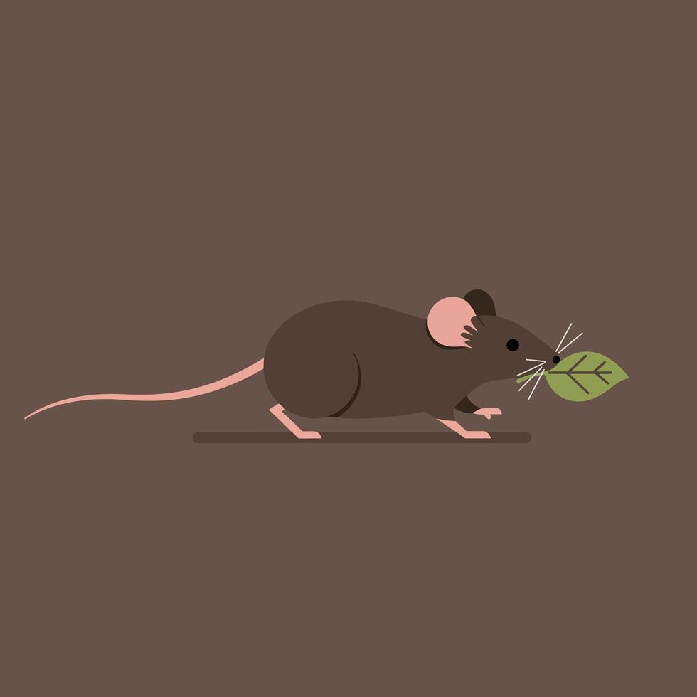 Small brown mouse carrying green leaf in mouth on dark background simple illustration vector