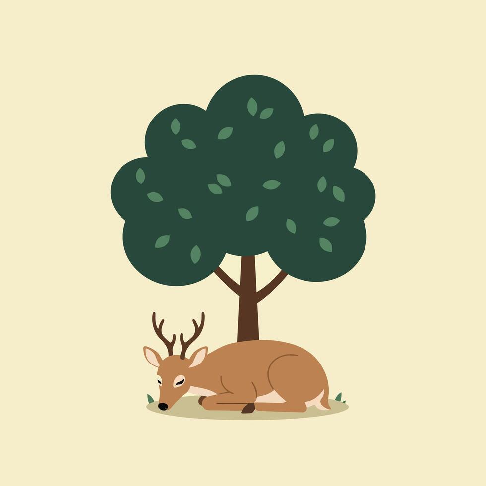 Deer resting peacefully under leafy green tree in nature illustration with muted background tones vector