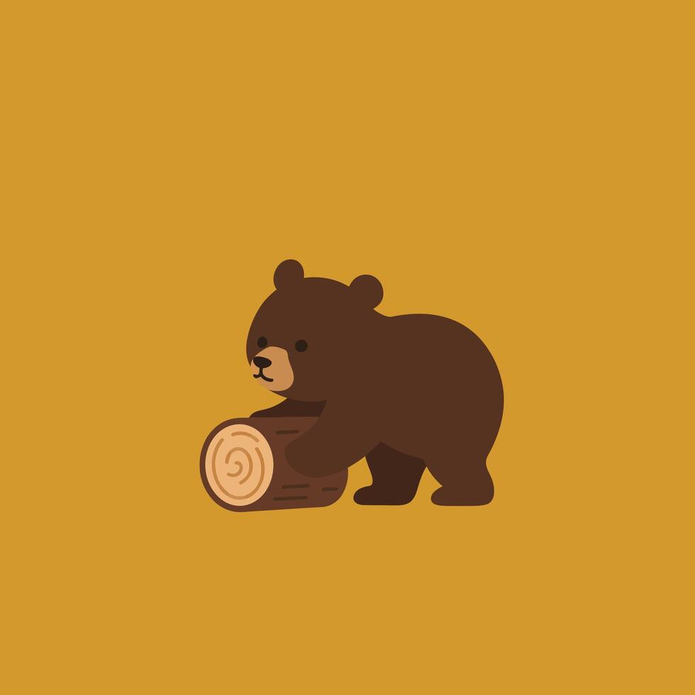 Brown bear cub holding small log on mustard yellow background simple illustration vector
