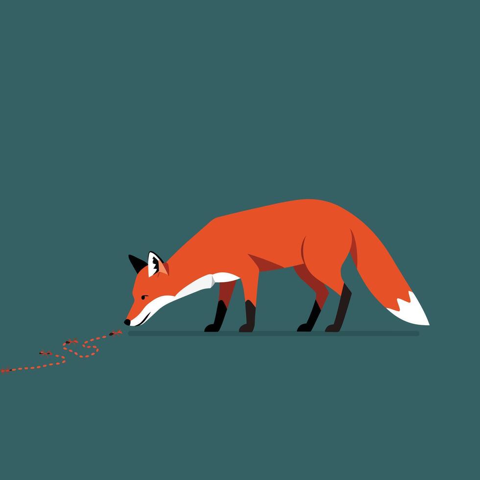 Fox sniffing red ants on dark teal background in minimalist animal illustration style vector
