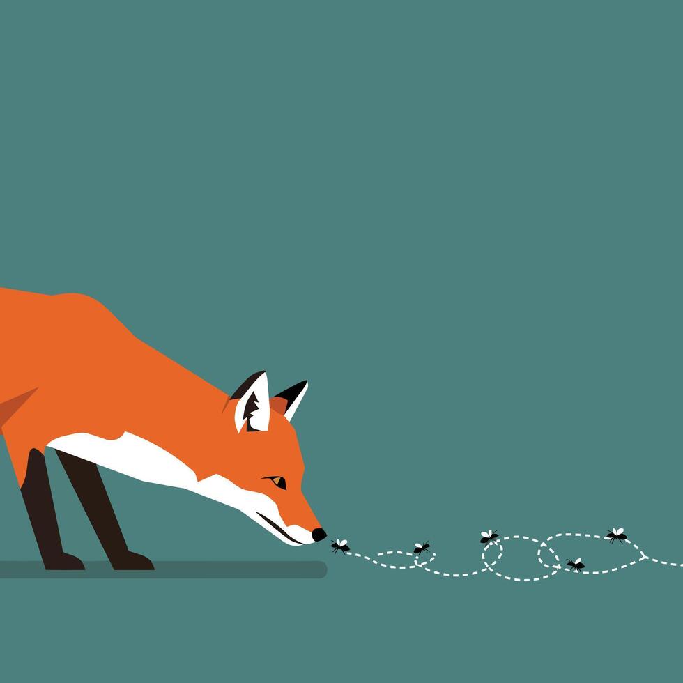 Red fox sniffing curious flies on teal background minimal art illustration vector