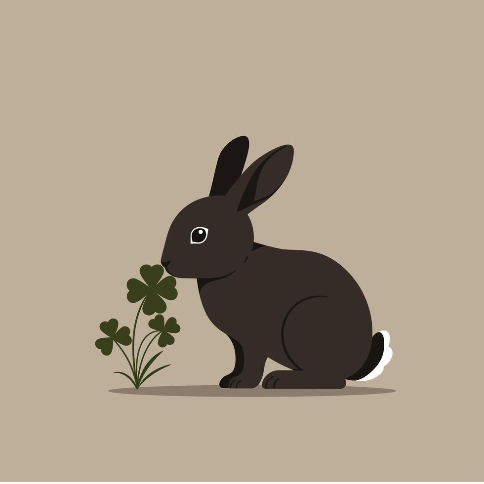 Black rabbit sitting next to clover plant on beige background in simple flat style illustration vector