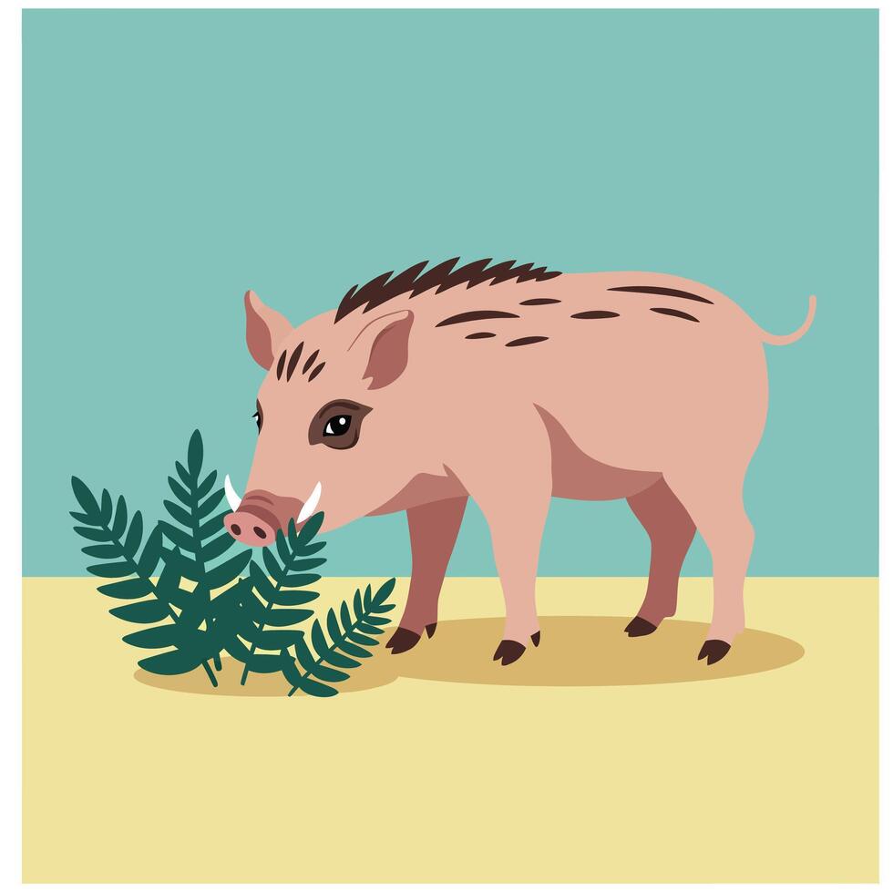 Wild boar standing near green fern leaves on sandy ground with blue background digital illustration vector