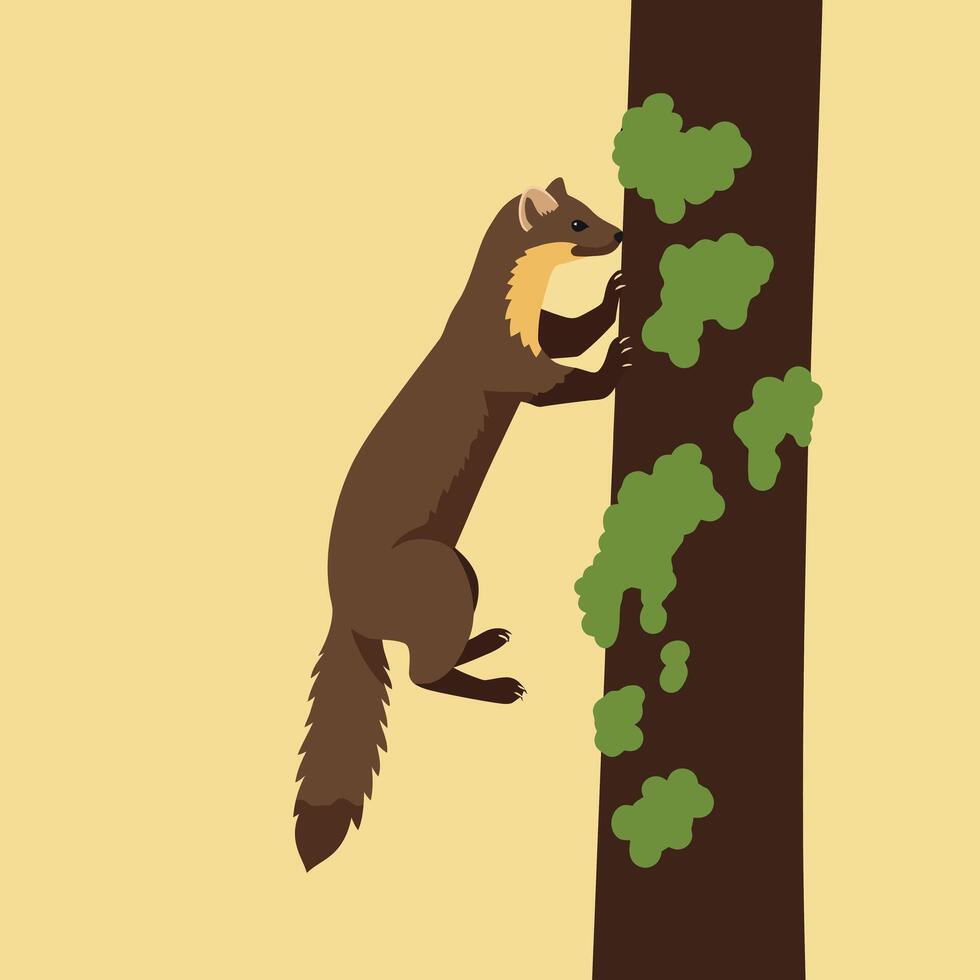 Brown squirrel climbing tree trunk with green moss on beige background in square format digital illustration vector