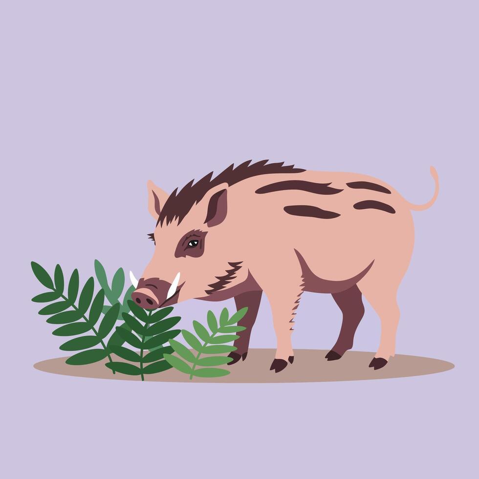 Wild boar piglet standing near green leaves illustration on light purple background nature concept vector