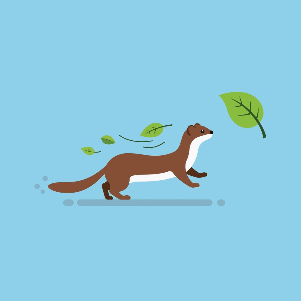 Brown weasel running with green leaves blowing in light blue background natural wildlife illustration vector