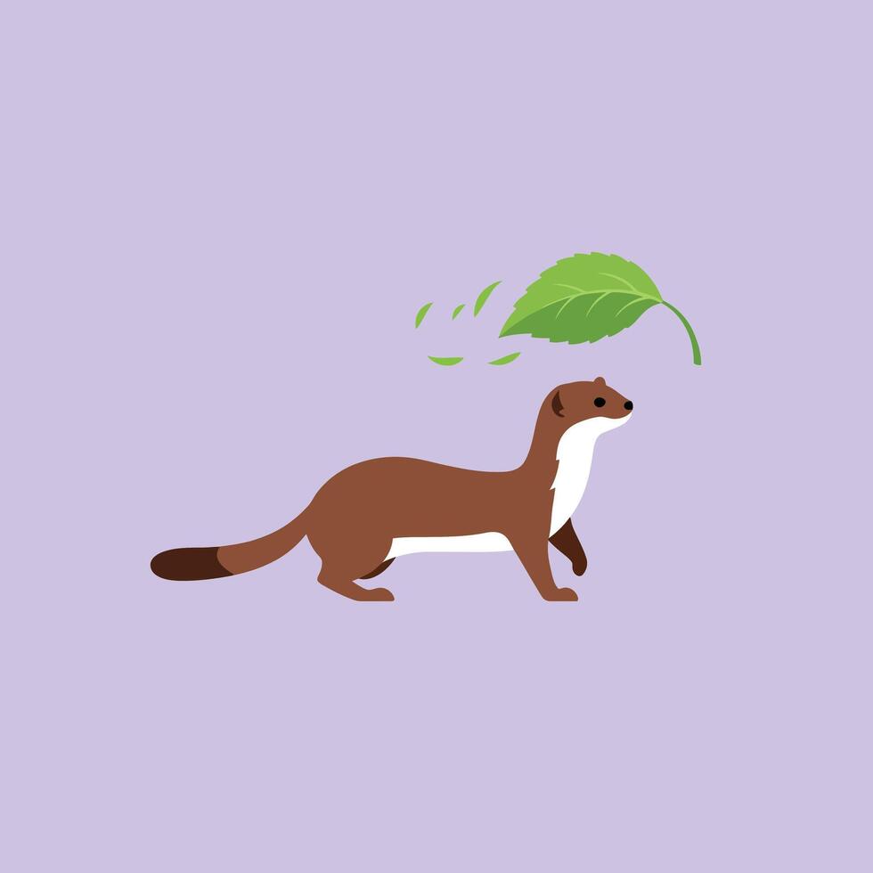 Brown weasel walking under green leaf on light purple background simple nature illustration vector