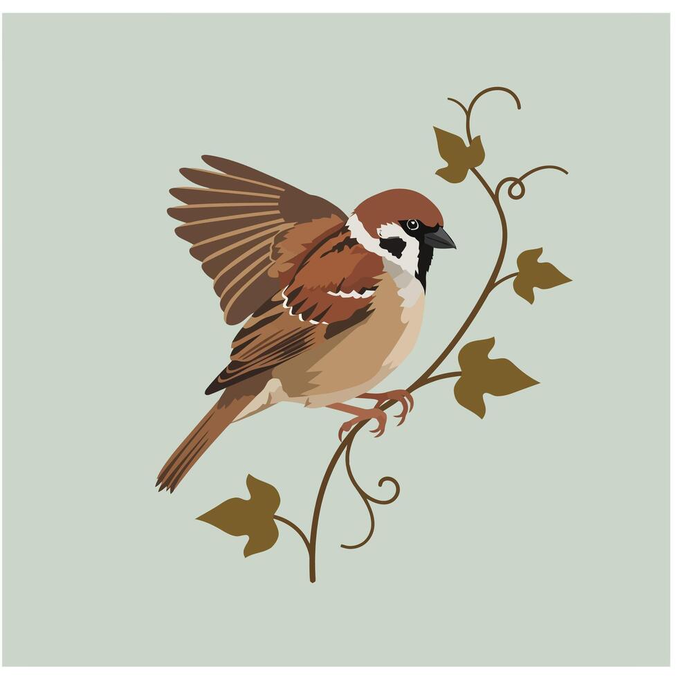 Small brown sparrow bird perched on green ivy branch with muted background natural wildlife illustration vector