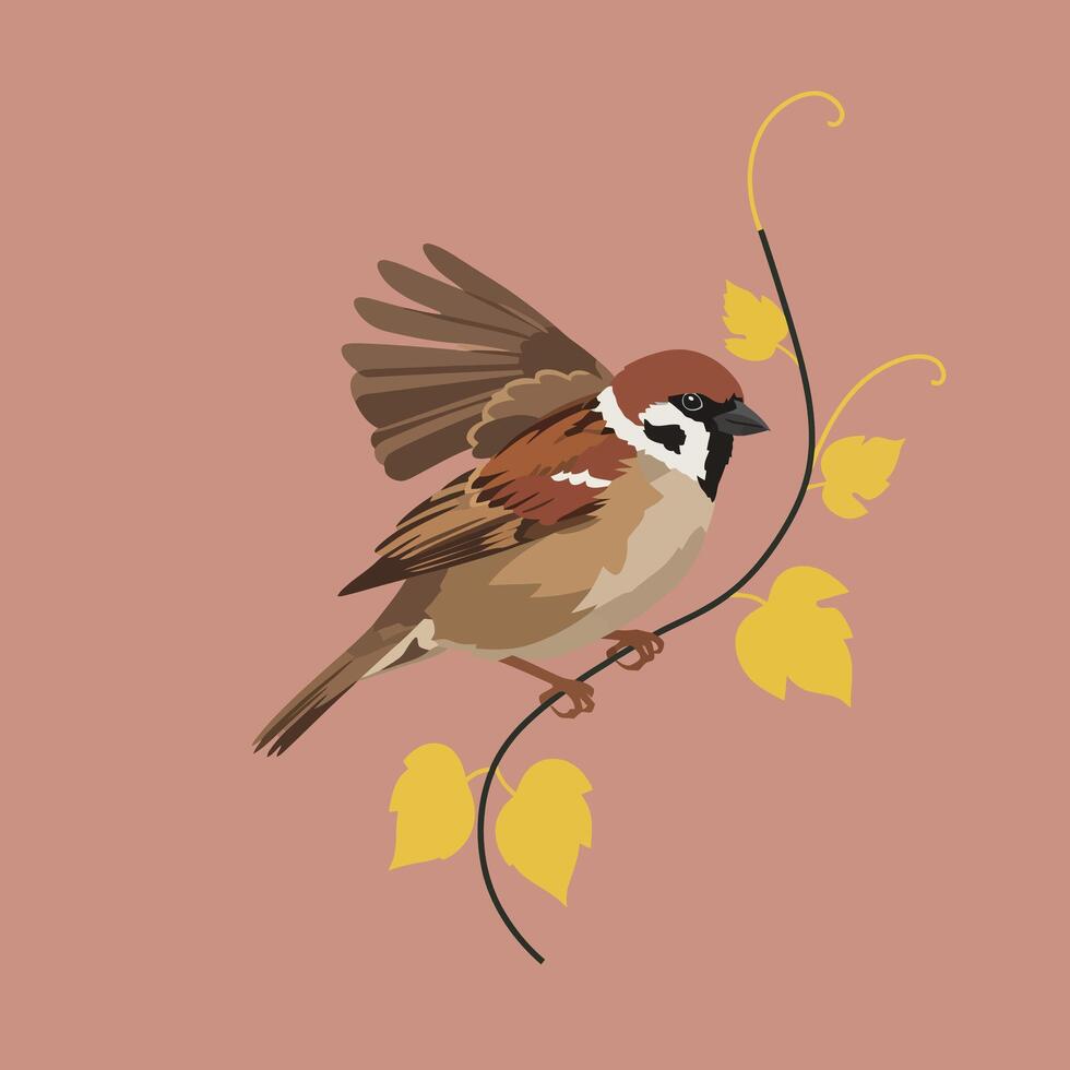Sparrow bird perched on yellow autumn leaves branch against muted background in square format vector
