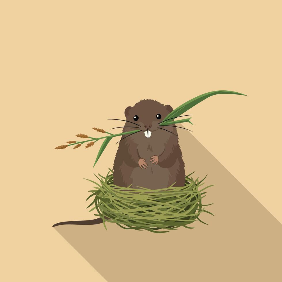 Small brown mouse sitting in green grass nest holding green leaf and brown seed stalk in beige square background vector