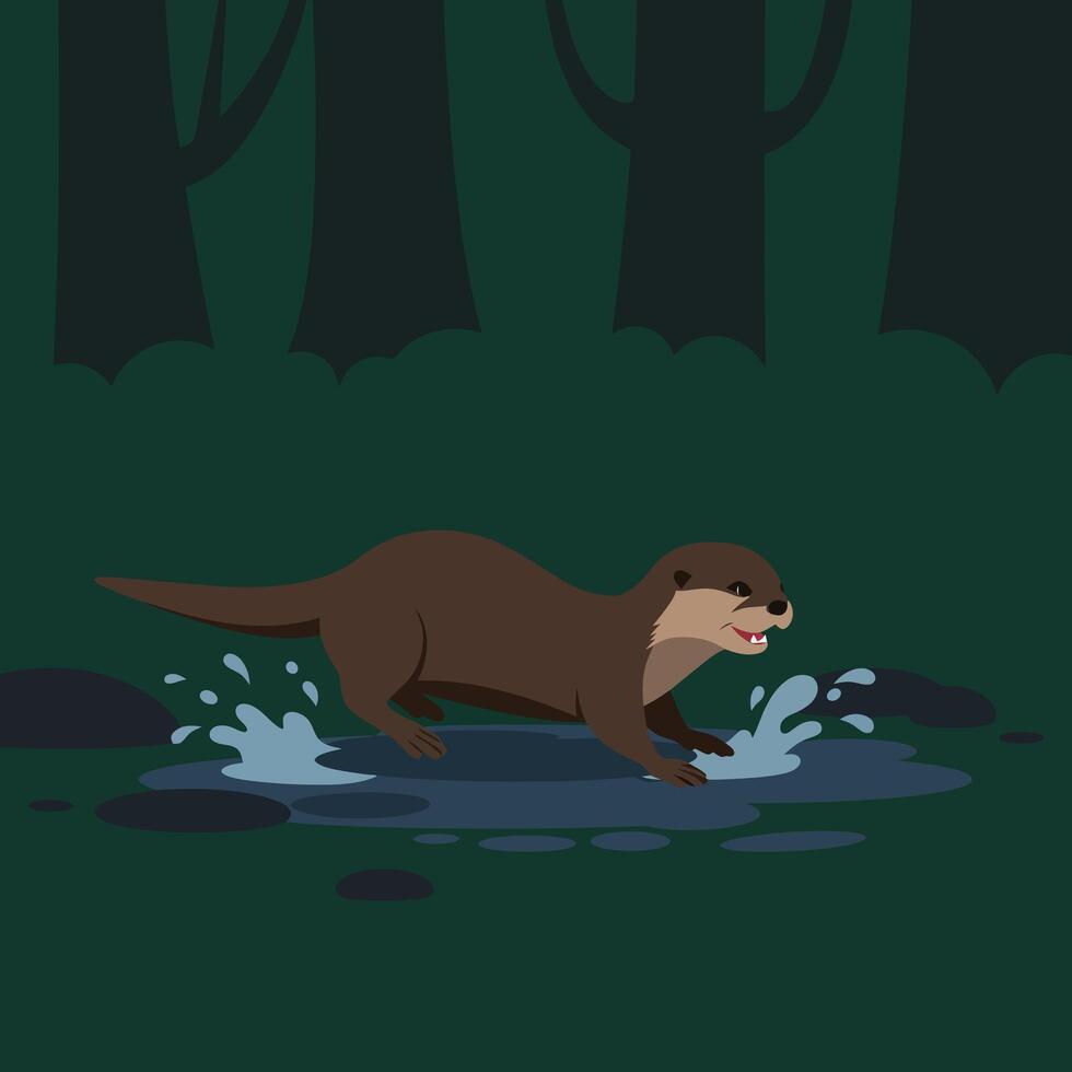 Otter playing in dark forest stream water splashing with trees in background natural wildlife scene vector